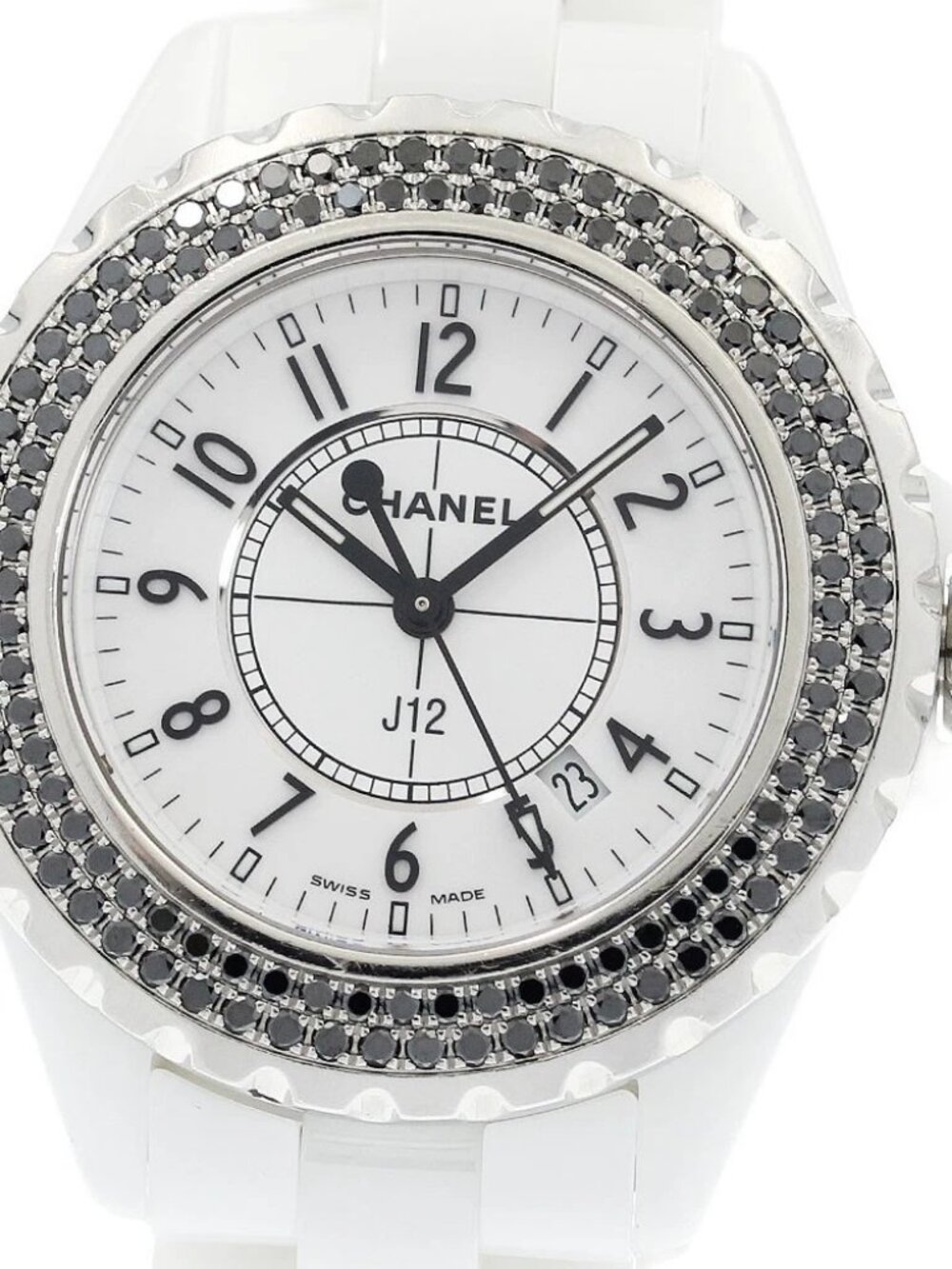 CHANEL J12 white ceramic H1630 black diamond bezel Quartz Ladies Watch_